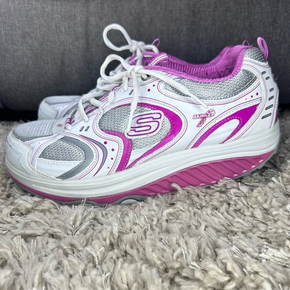 Women’s White Pink Sneakers Sketchers Shape Ups Brest Cancer Shoes Size 11 - Picture 6 of 11